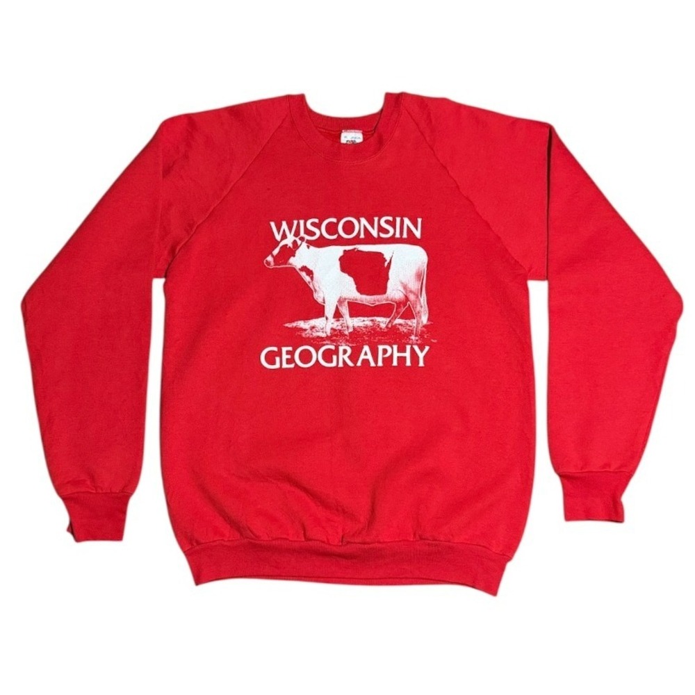 Vintage 90s Wisconsin Geography Cow Nature Animal Red Pullover Crewneck Sweater